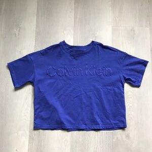CALVIN KLEIN WOMENS CREW NECK CROP TOP T SHIRT BLUE LOGO XS